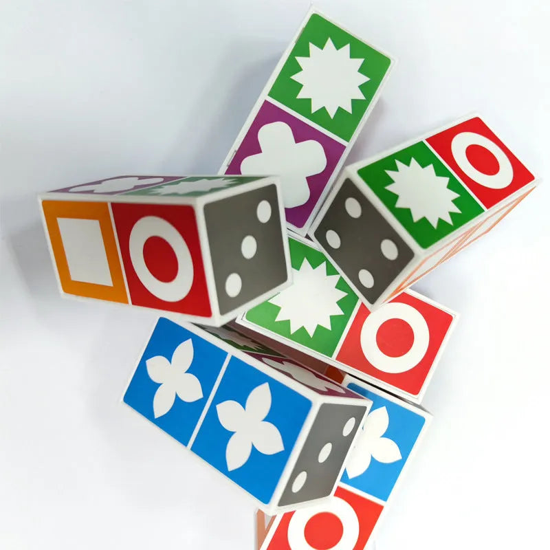 Space logical thinking board game with 20 colourful blocks, 60 pattern cards, and colour box measuring 21 x 21 x 6 cm