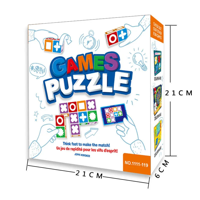 Space logical thinking board game with 20 colourful blocks, 60 pattern cards, and colour box measuring 21 x 21 x 6 cm