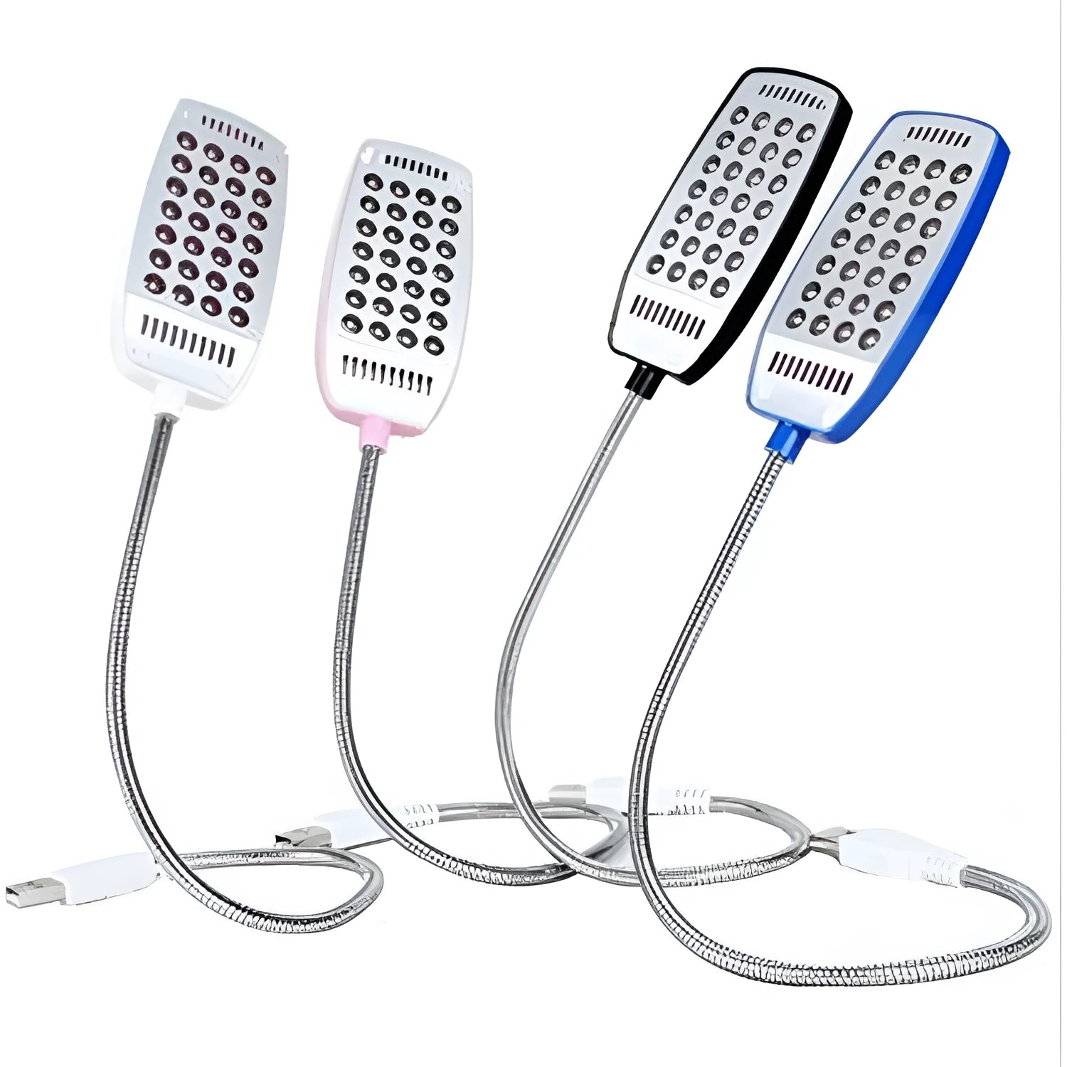 Black flexible gooseneck USB LED desk lamp with clamp attached to a laptop.