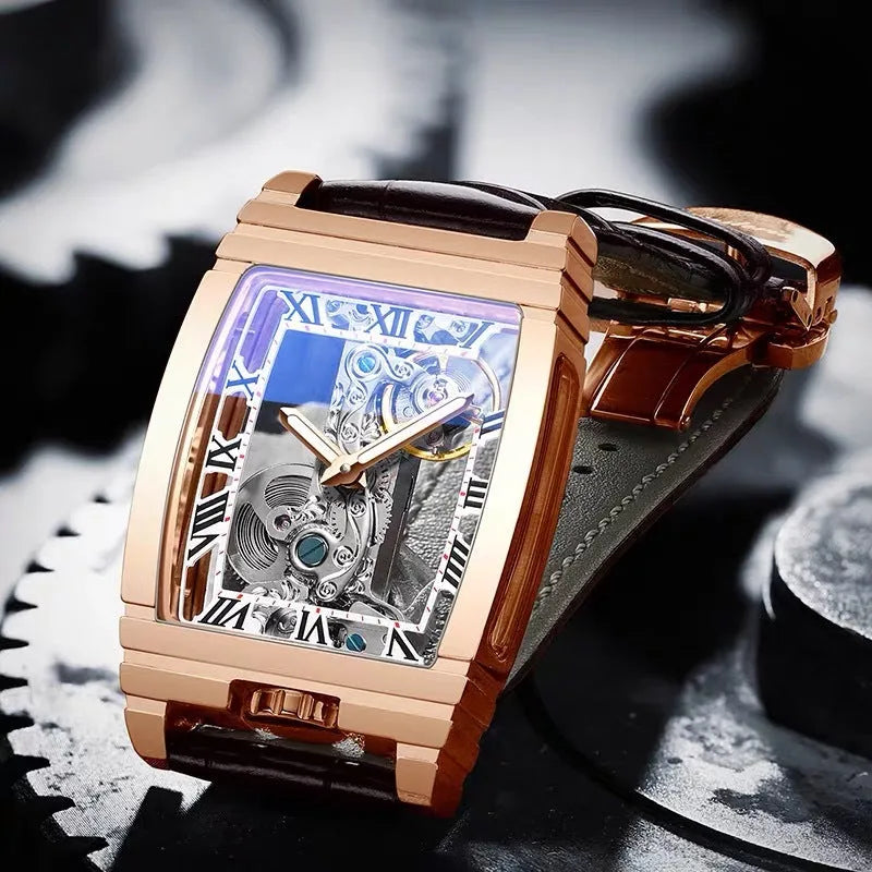 Daystar square stainless steel mechanical watch showing white dial with black scales on leather strap