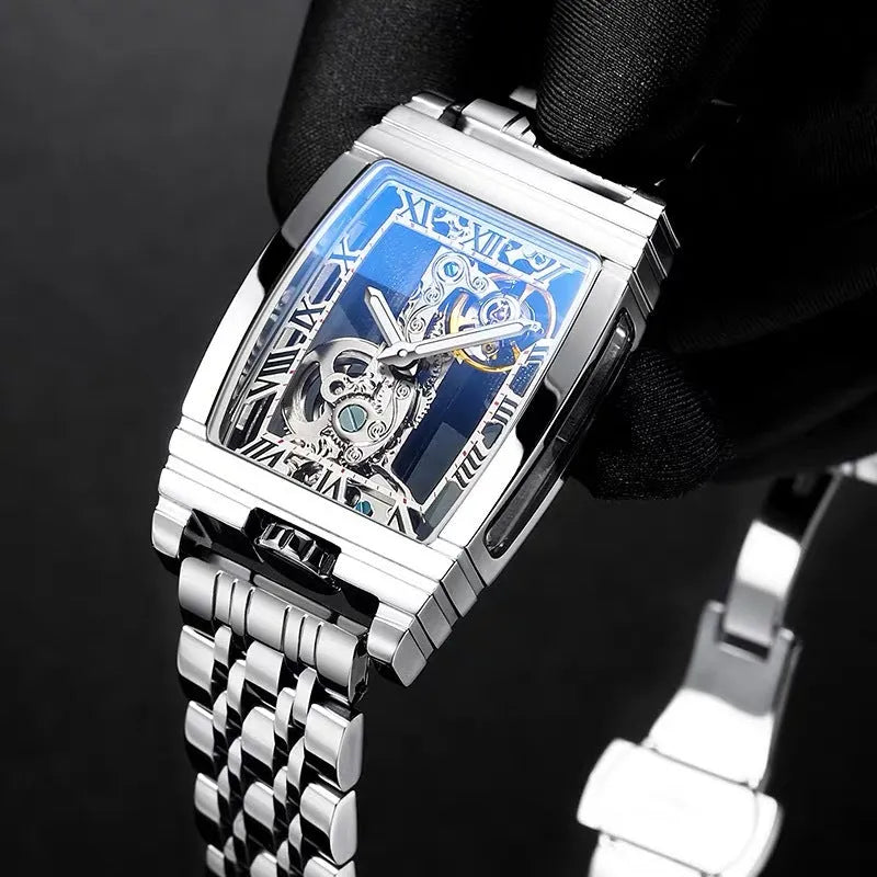Daystar square stainless steel mechanical watch showing white dial with black scales on leather strap