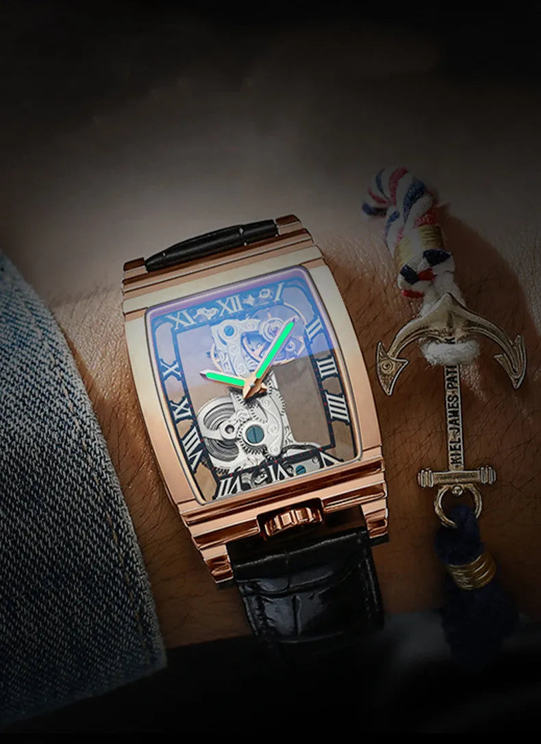 Daystar square stainless steel mechanical watch showing white dial with black scales on leather strap