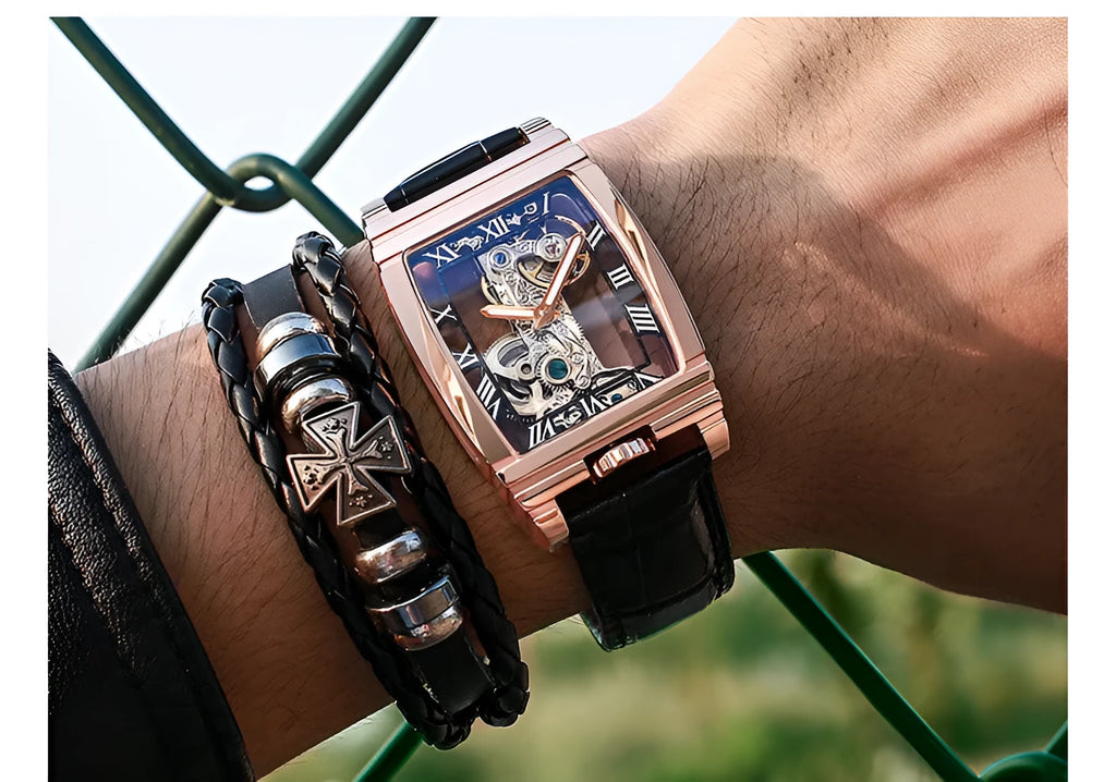 Daystar square stainless steel mechanical watch showing white dial with black scales on leather strap