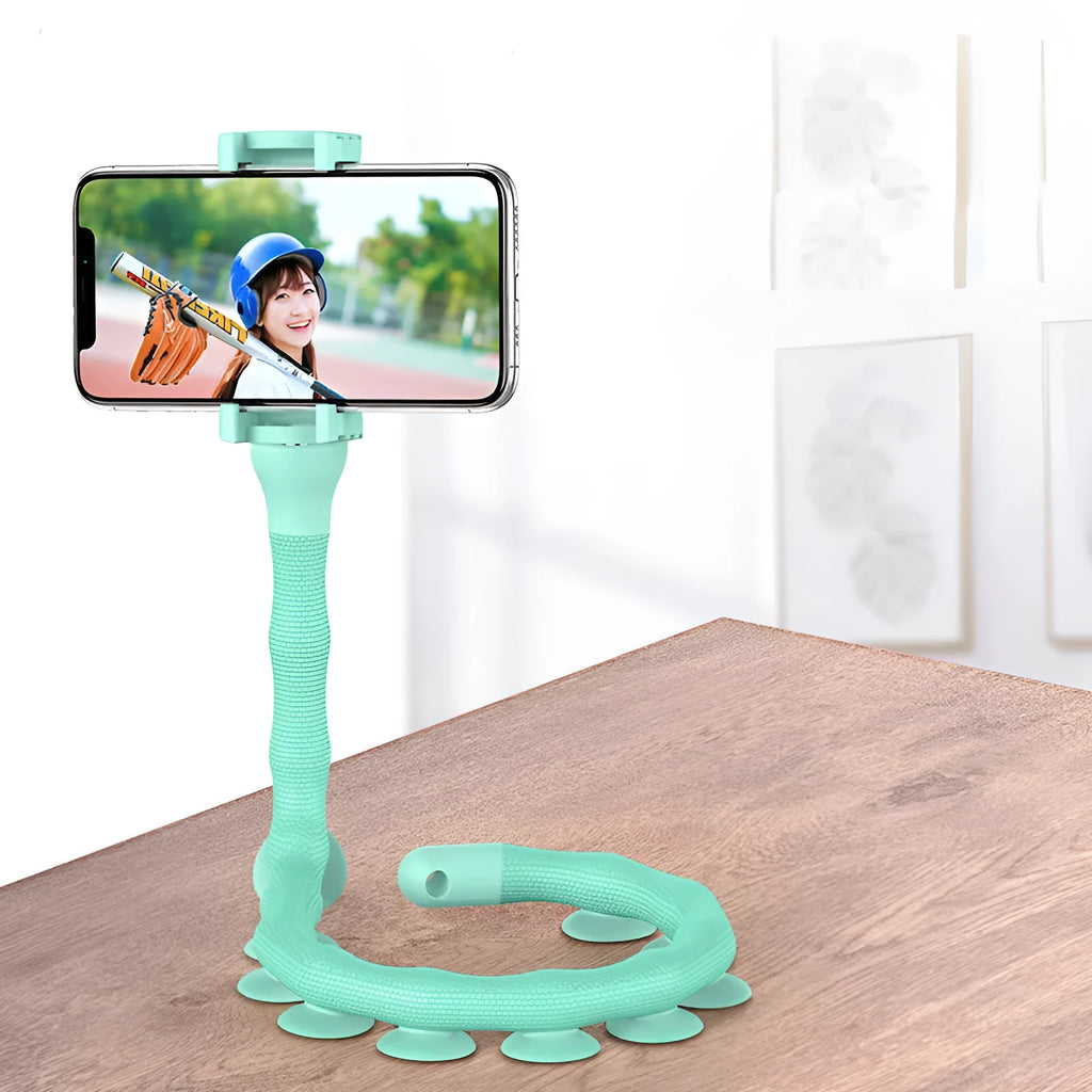 Black flexible rubber phone holder with suction cup base and long worm arm extended.