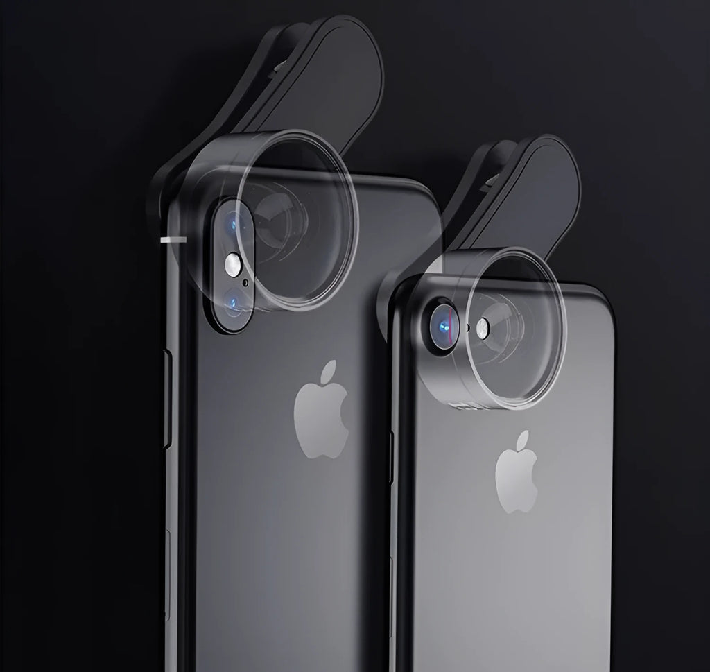 Universal smartphone camera lens attachment kit with fill light and wide angle, macro, and fish-eye lenses.
