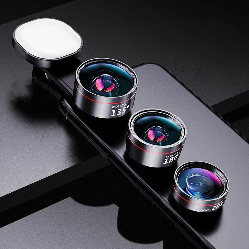 Universal smartphone camera lens attachment kit with fill light and wide angle, macro, and fish-eye lenses.