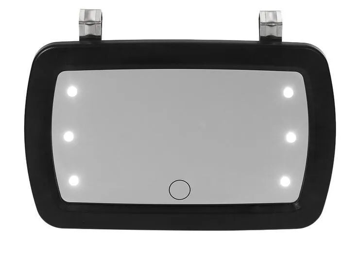 Black car sun visor makeup mirror, 17x11cm ABS and glass shell with six LEDs and finger touch switch