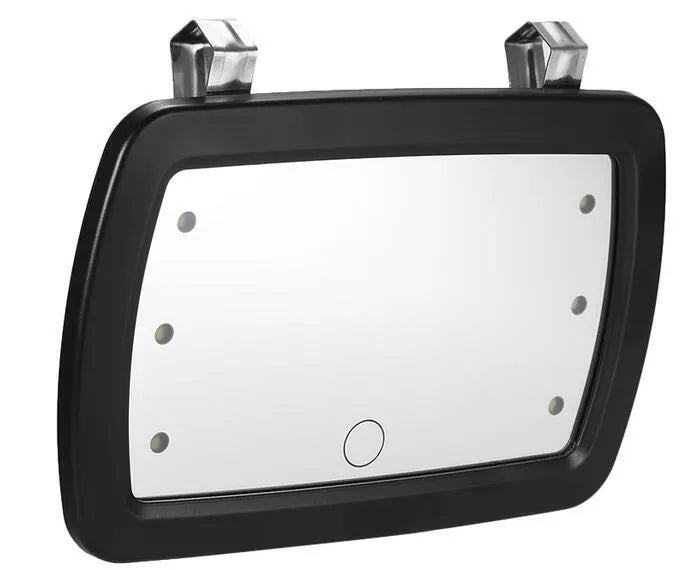 Black car sun visor makeup mirror, 17x11cm ABS and glass shell with six LEDs and finger touch switch
