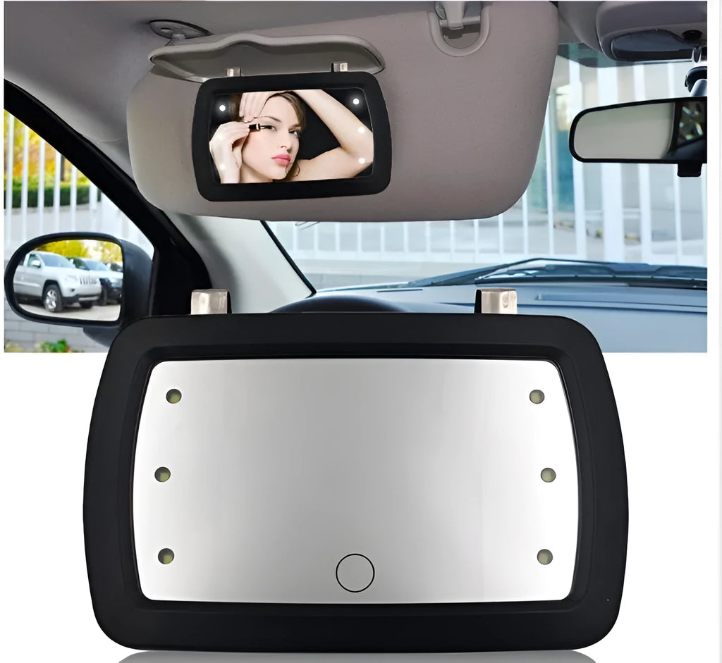 Black car sun visor makeup mirror, 17x11cm ABS and glass shell with six LEDs and finger touch switch