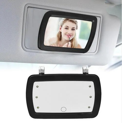 Black car sun visor makeup mirror, 17x11cm ABS and glass shell with six LEDs and finger touch switch