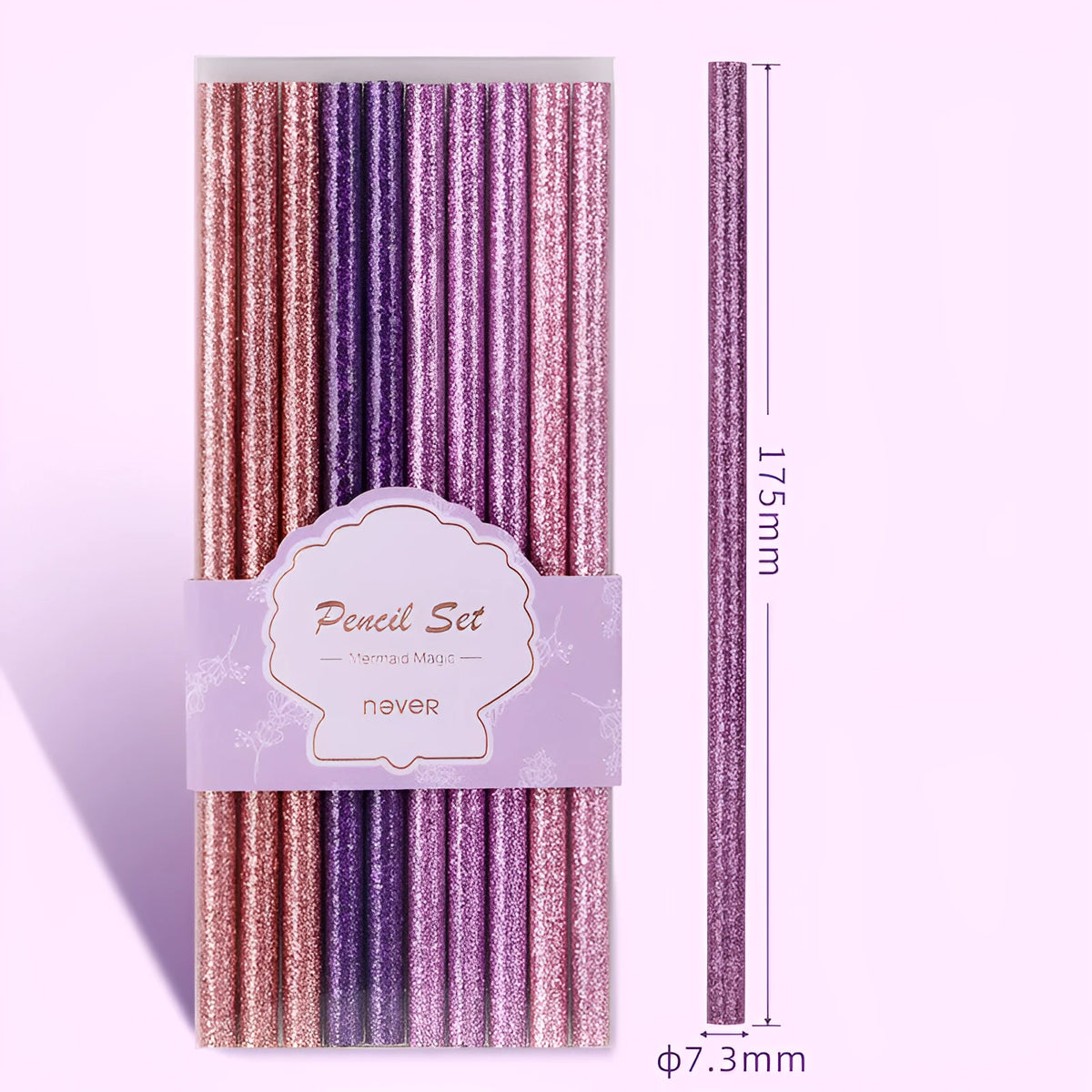 Mixed colour HB writing pencils in display box with purple glitter and pale pink variations