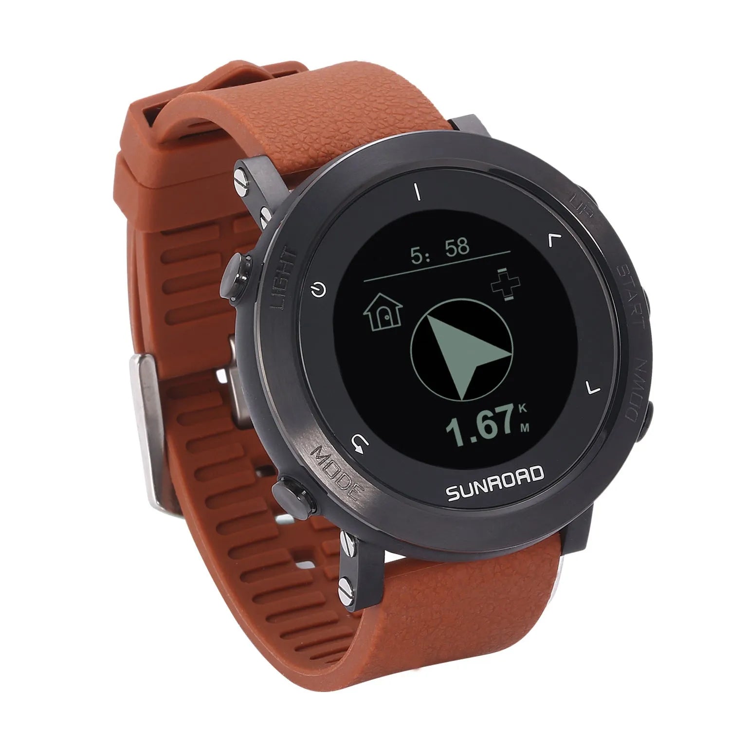 Smart sports watch with stainless steel bezel on a black nylon strap, displaying GPS and heart rate data on screen.