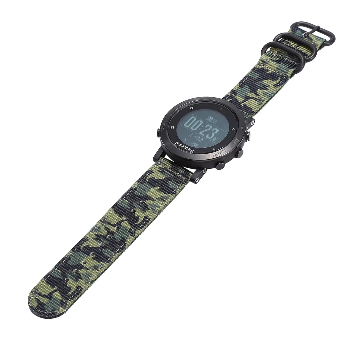 Smart sports watch with stainless steel bezel on a black nylon strap, displaying GPS and heart rate data on screen.