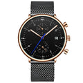 Men's quartz wristwatch with alloy strap, round dial, and 30M waterproof rating in blue, rose, or white colour options.