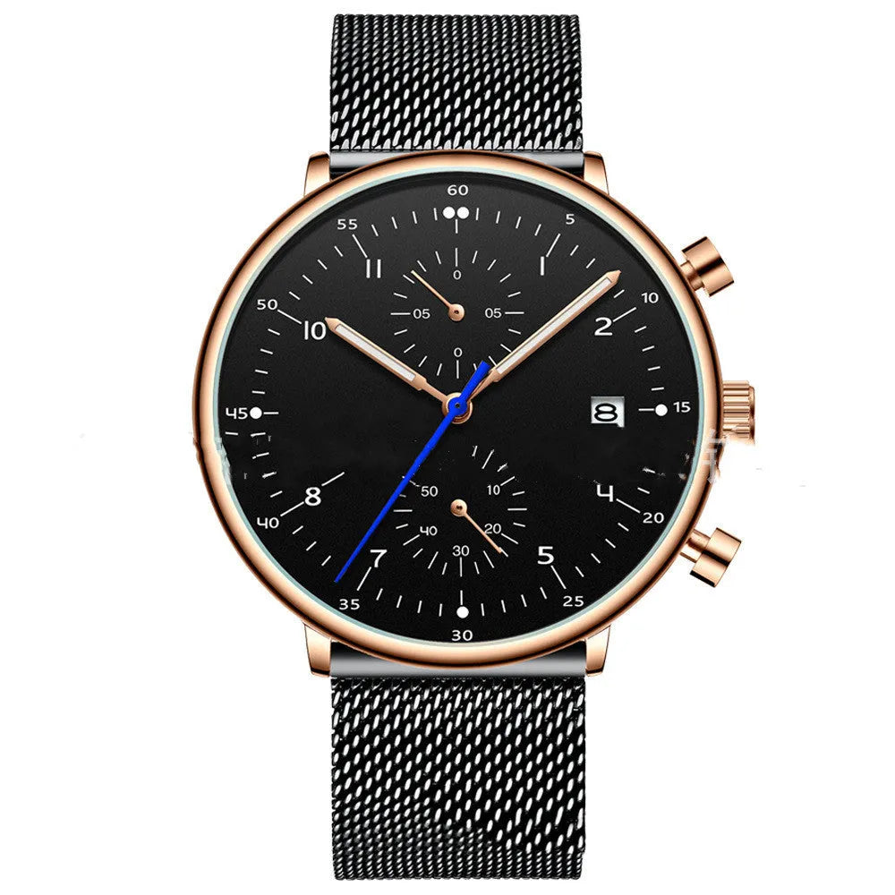 Men's quartz wristwatch with alloy strap, round dial, and 30M waterproof rating in blue, rose, or white colour options.