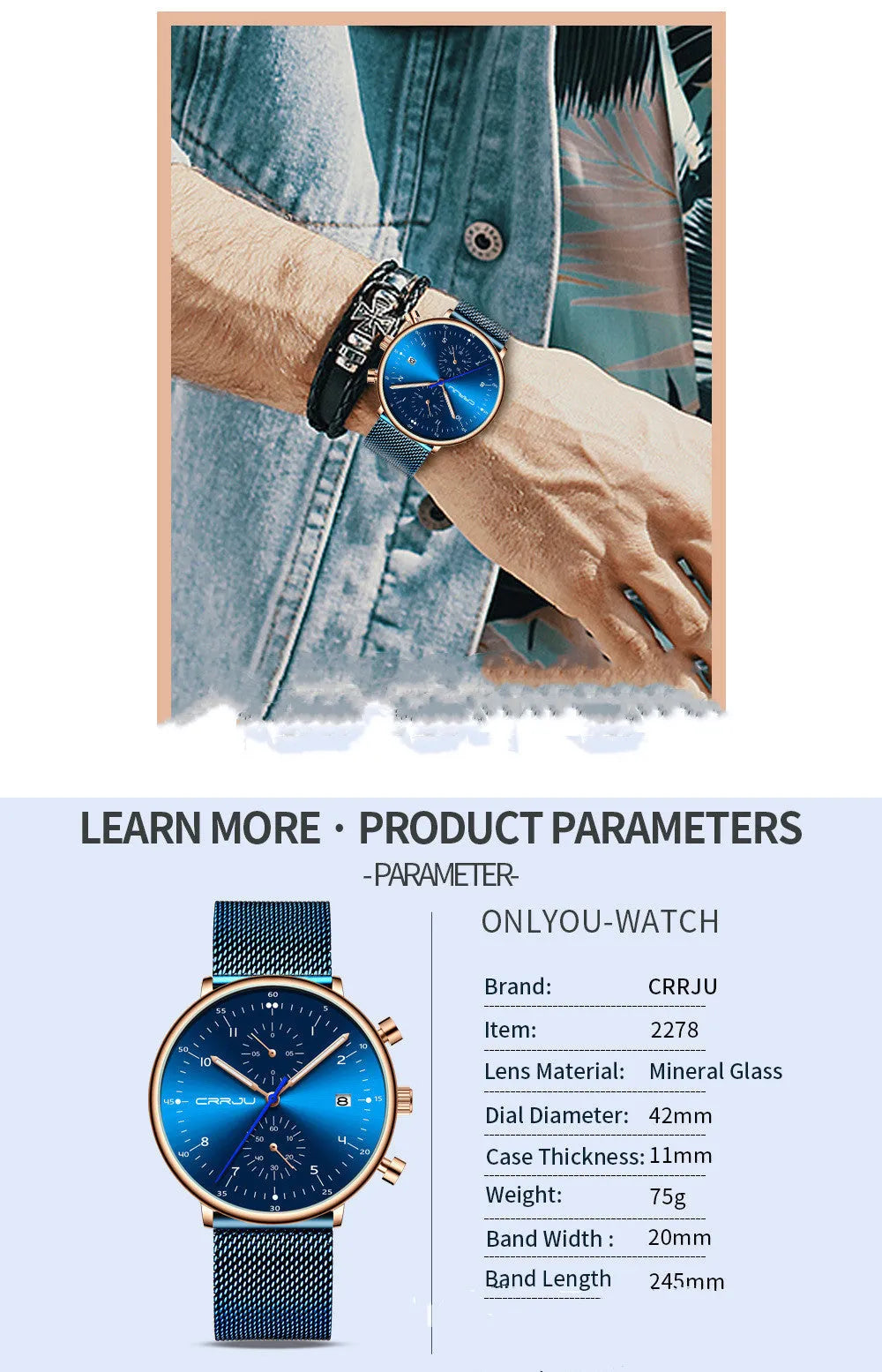 Men's quartz wristwatch with alloy strap, round dial, and 30M waterproof rating in blue, rose, or white colour options.