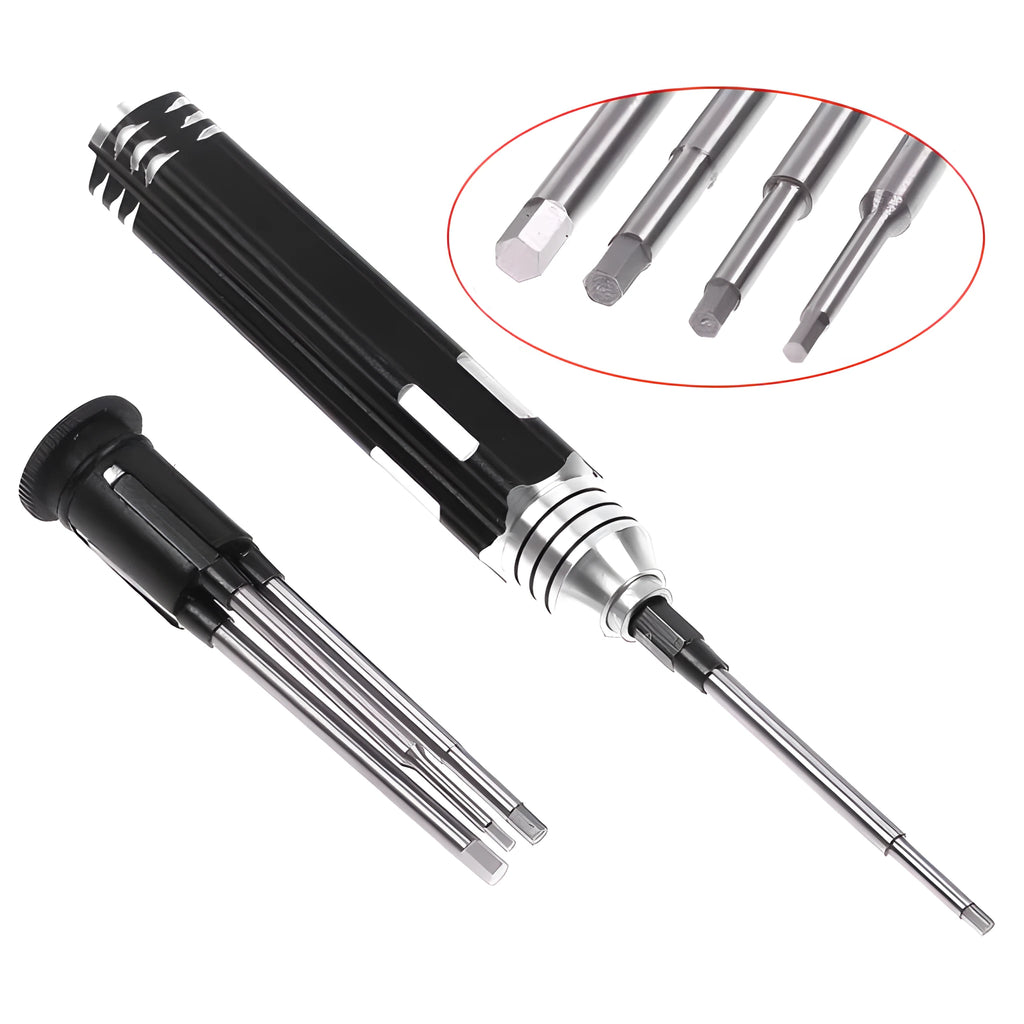 Black aluminium handle four-piece hexagon socket screwdriver set for aeromodelling with four high-speed steel bits