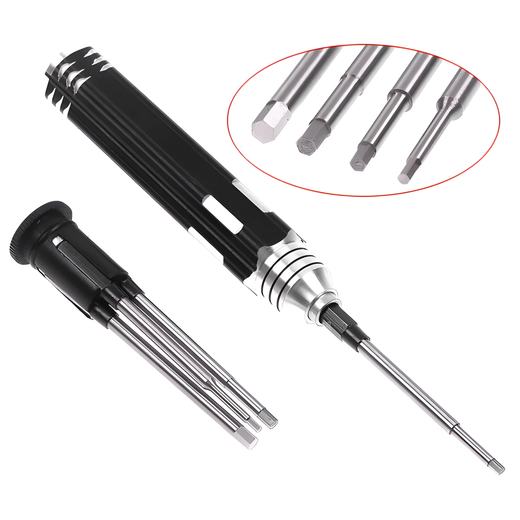 Black aluminium handle four-piece hexagon socket screwdriver set for aeromodelling with four high-speed steel bits