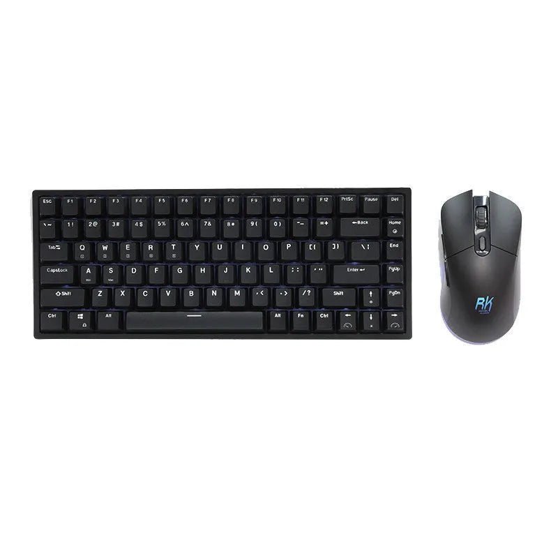 RK526 wireless mechanical keyboard and mouse set in blue with USB transmitter and charging cable