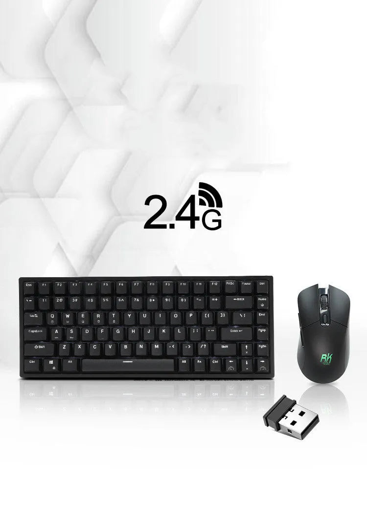 RK526 wireless mechanical keyboard and mouse set in blue with USB transmitter and charging cable