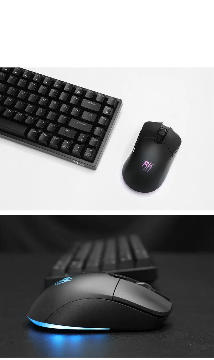 RK526 wireless mechanical keyboard and mouse set in blue with USB transmitter and charging cable