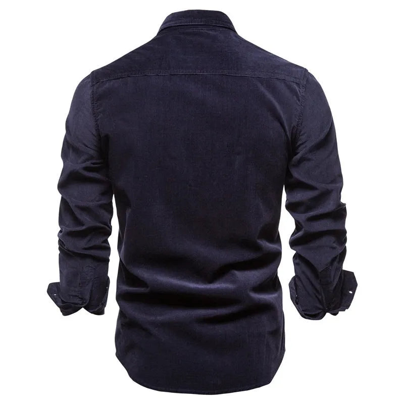 Men's linen casual shirt with long sleeves shown in denim blue colour option