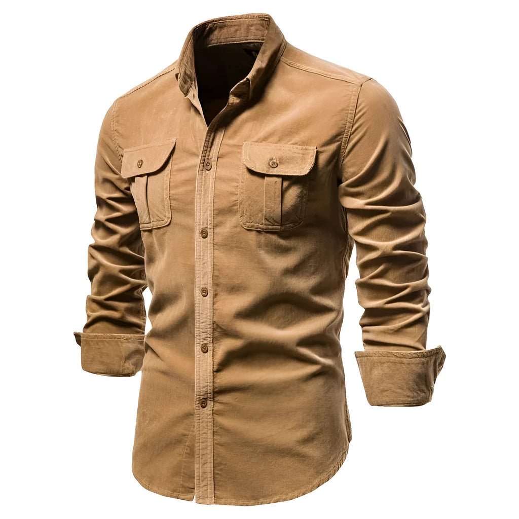 Men's linen casual shirt with long sleeves shown in denim blue colour option
