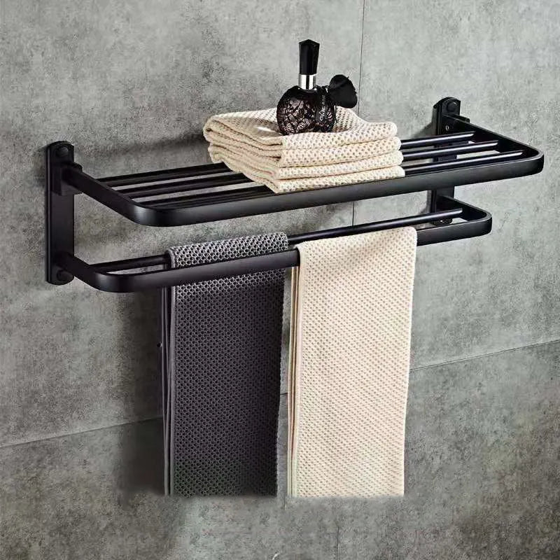 Perforated aluminium bathroom folding shelf with double-layer towel rack in light luxury style