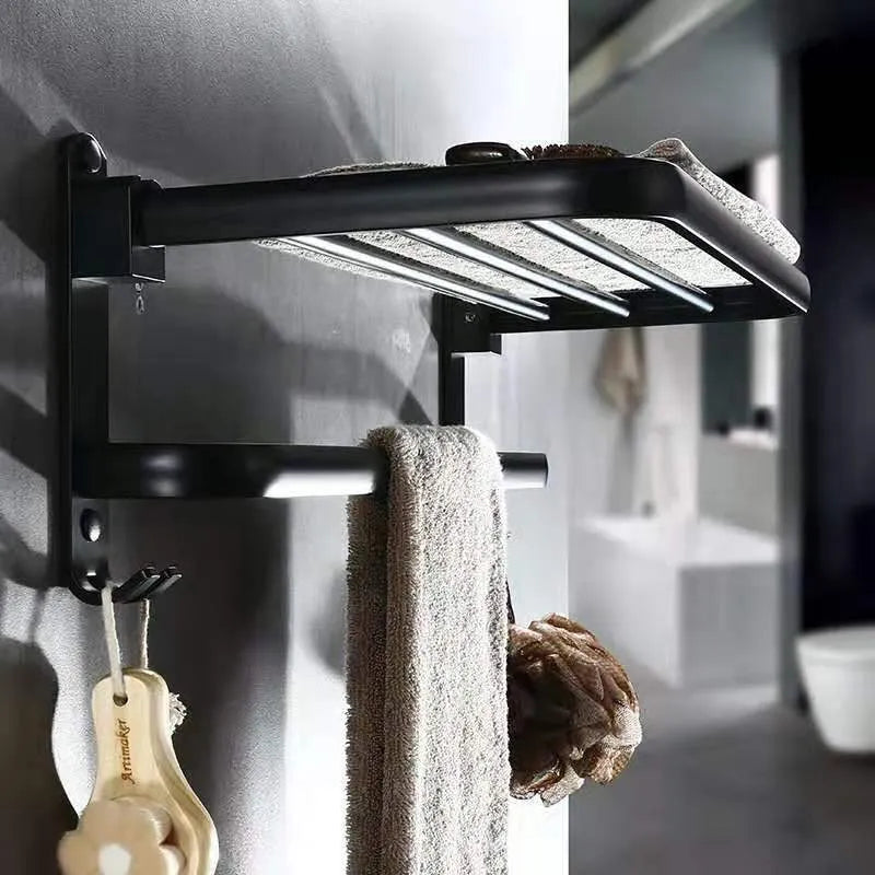 Perforated aluminium bathroom folding shelf with double-layer towel rack in light luxury style