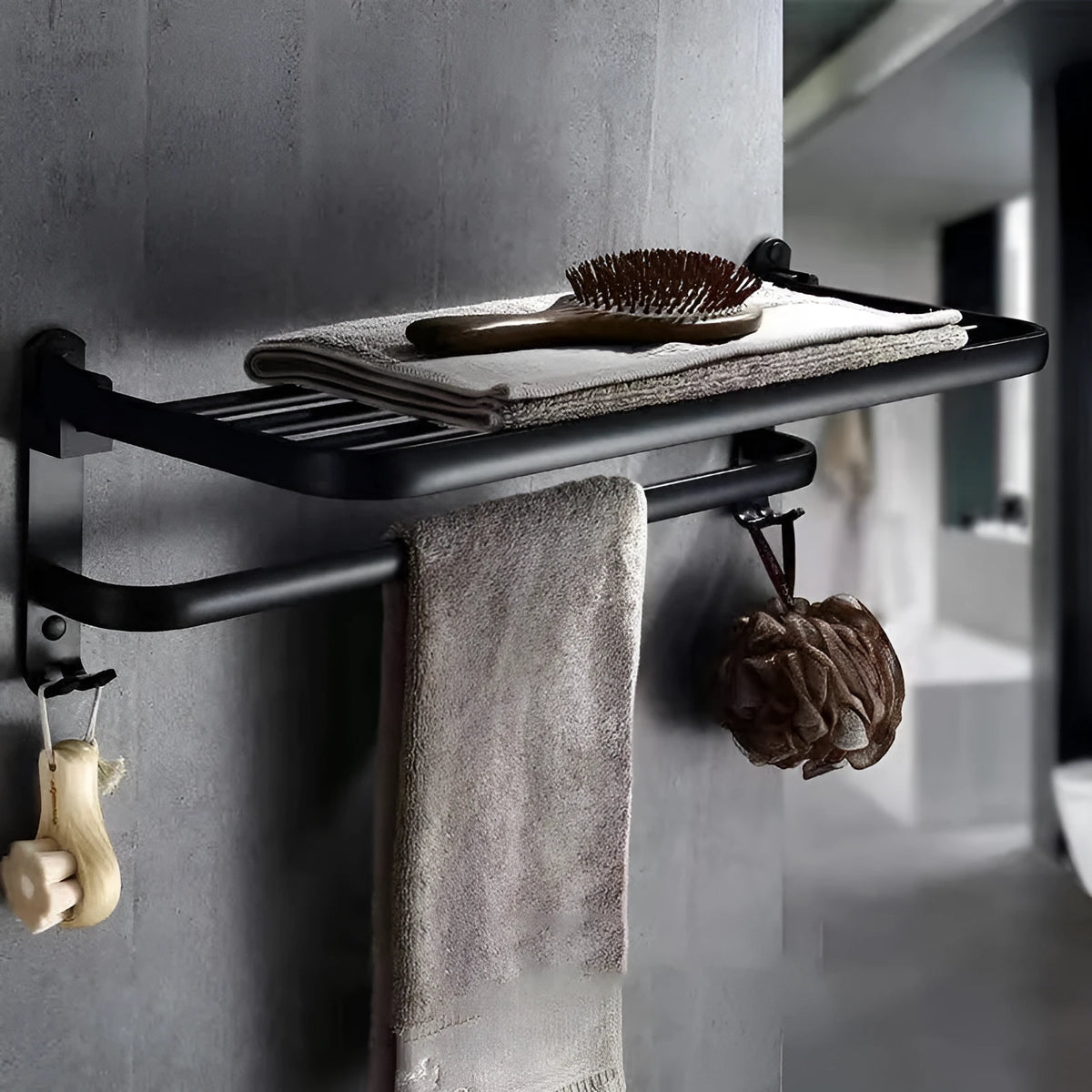 Perforated aluminium bathroom folding shelf with double-layer towel rack in light luxury style