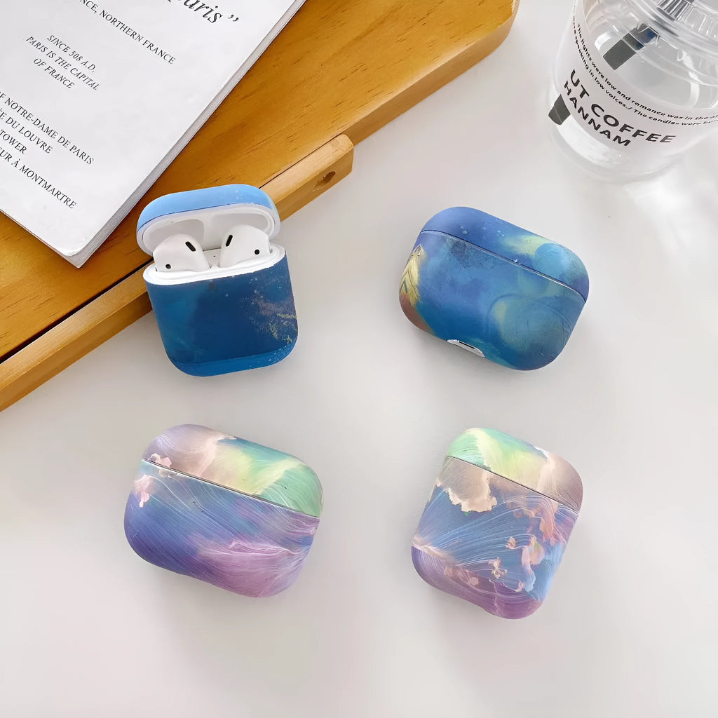 Pink and blue watercolour hard plastic protective case for Apple AirPods 1, 2, and Pro charging cases.