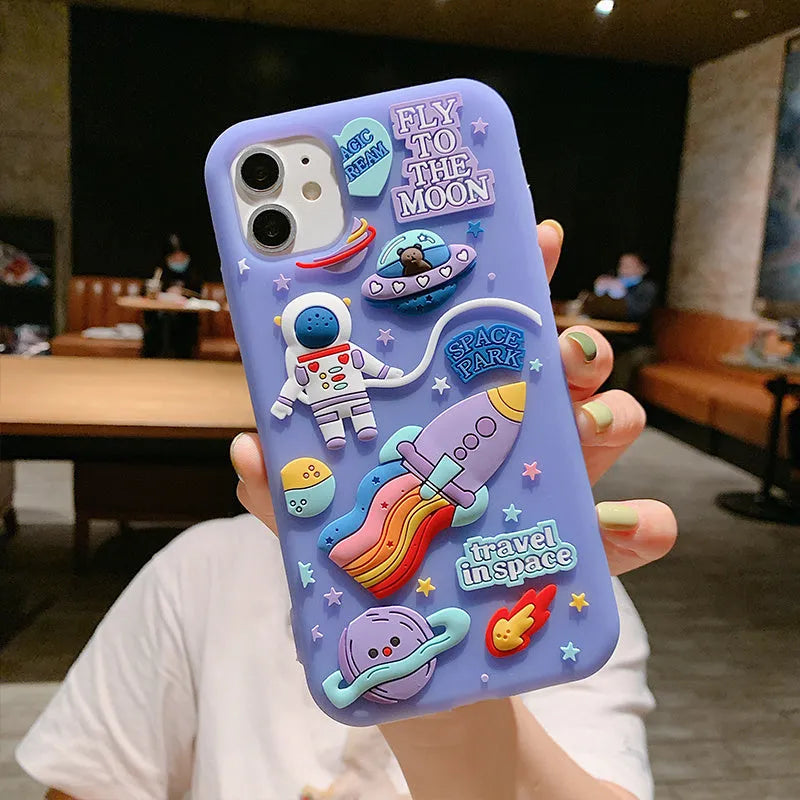 Spaceman purple silicone gel phone case with cartoon astronaut design for iPhone