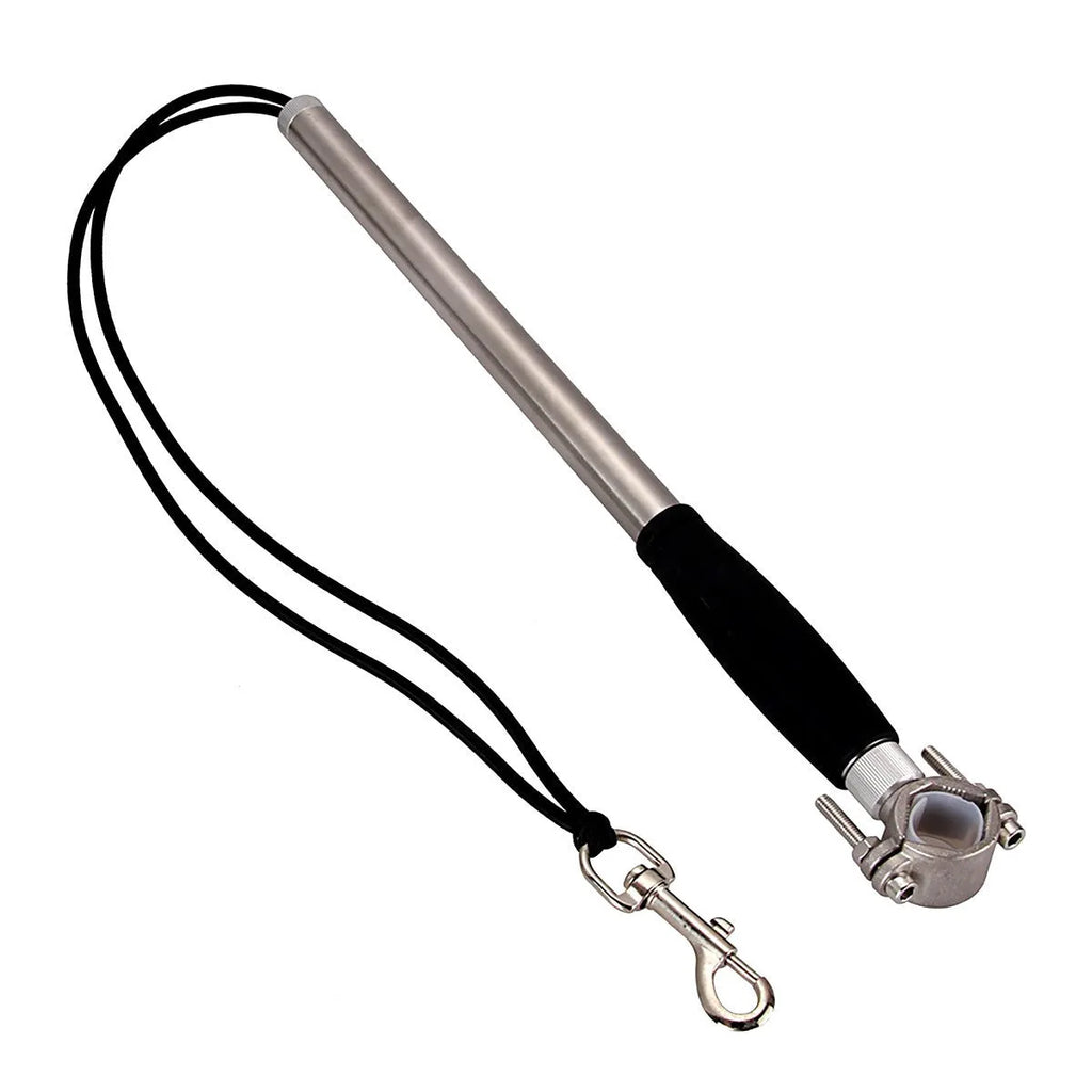 Black stainless steel dog bike leash with 44cm handle and 55cm rope attached to bicycle