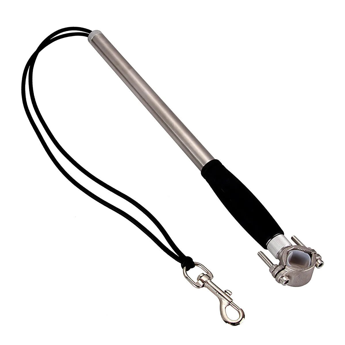 Black stainless steel dog bike leash with 44cm handle and 55cm rope attached to bicycle