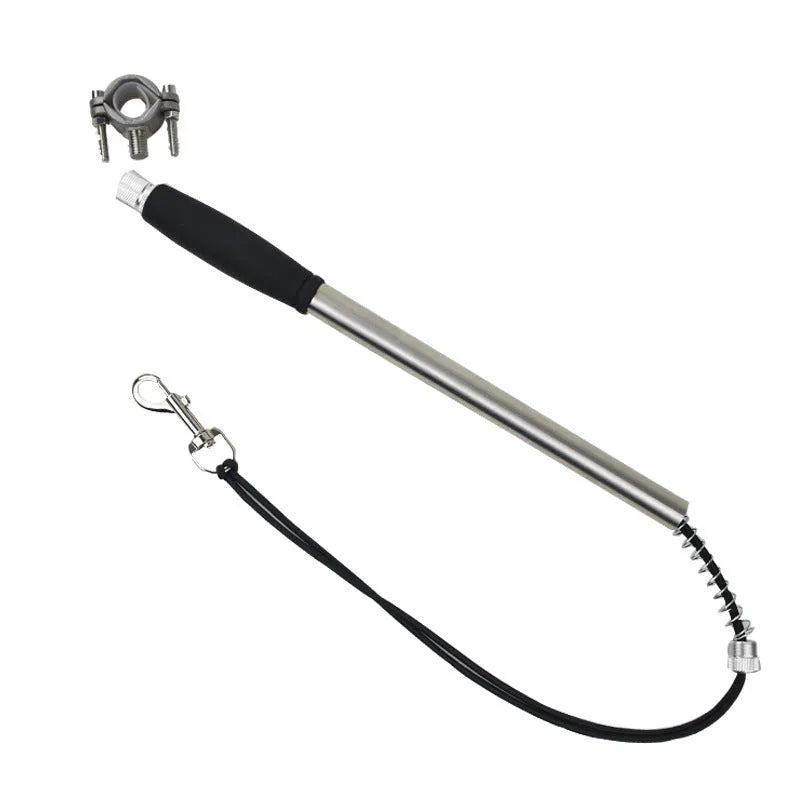 Black stainless steel dog bike leash with 44cm handle and 55cm rope attached to bicycle