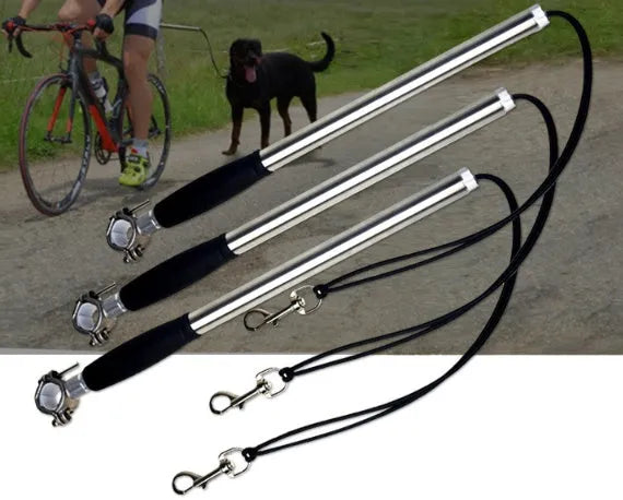 Black stainless steel dog bike leash with 44cm handle and 55cm rope attached to bicycle