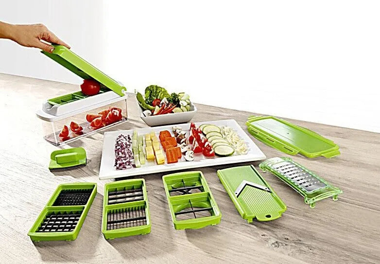 12-piece green manual vegetable chopper set with stainless steel blades on kitchen counter