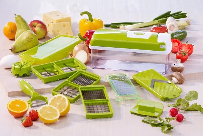 12-piece green manual vegetable chopper set with stainless steel blades on kitchen counter