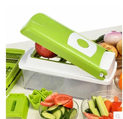 12-piece green manual vegetable chopper set with stainless steel blades on kitchen counter