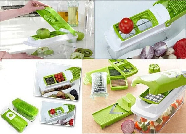 12-piece green manual vegetable chopper set with stainless steel blades on kitchen counter