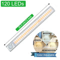 USB rechargeable motion sensor cabinet light with aluminum alloy shade on a wardrobe shelf.