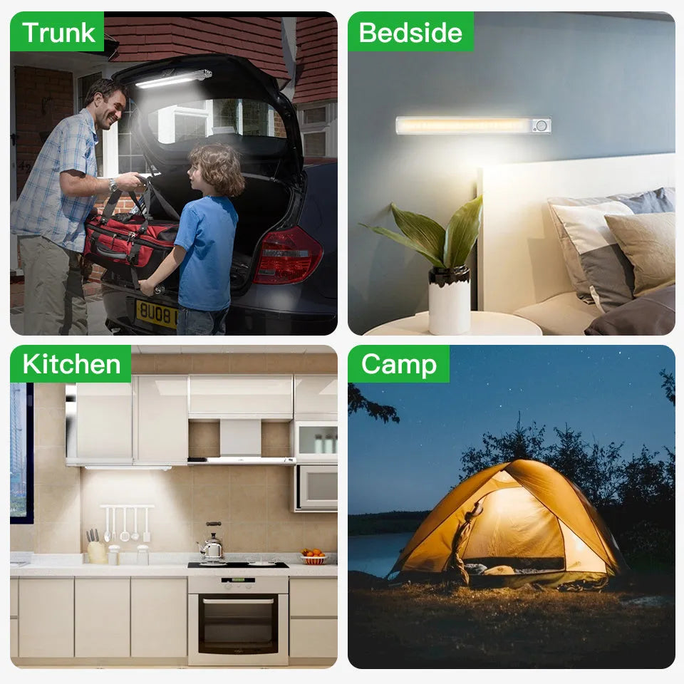 USB rechargeable motion sensor cabinet light with aluminum alloy shade on a wardrobe shelf.