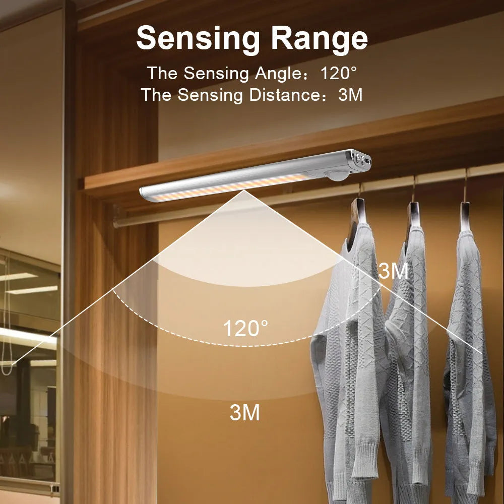 USB rechargeable motion sensor cabinet light with aluminum alloy shade on a wardrobe shelf.