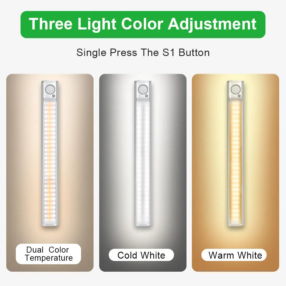 USB rechargeable motion sensor cabinet light with aluminum alloy shade on a wardrobe shelf.