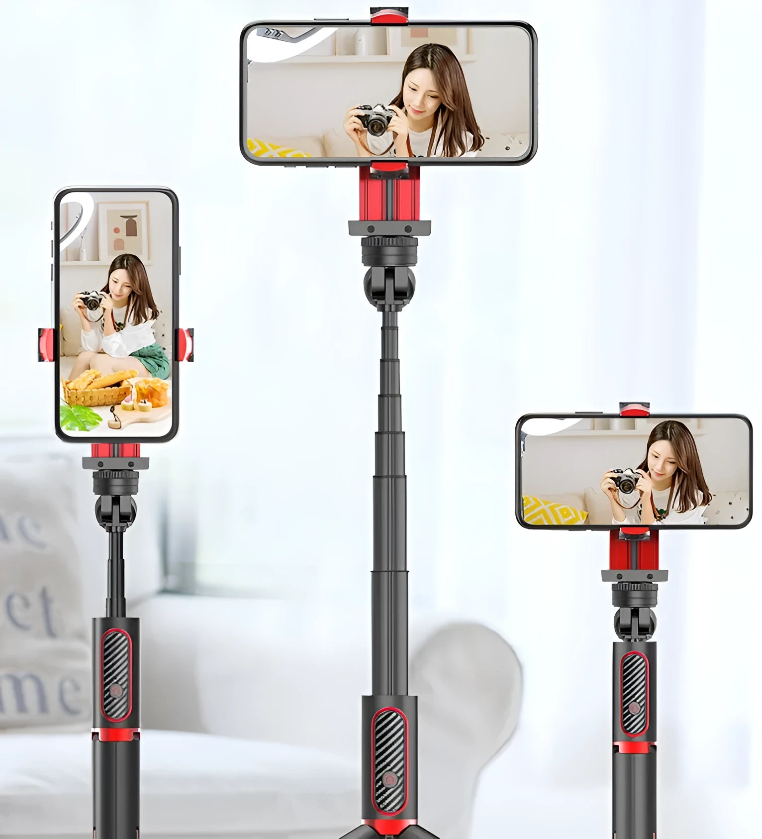 Aluminium iPhone video stabilizer tripod extended to 716mm with adjustable phone clamp