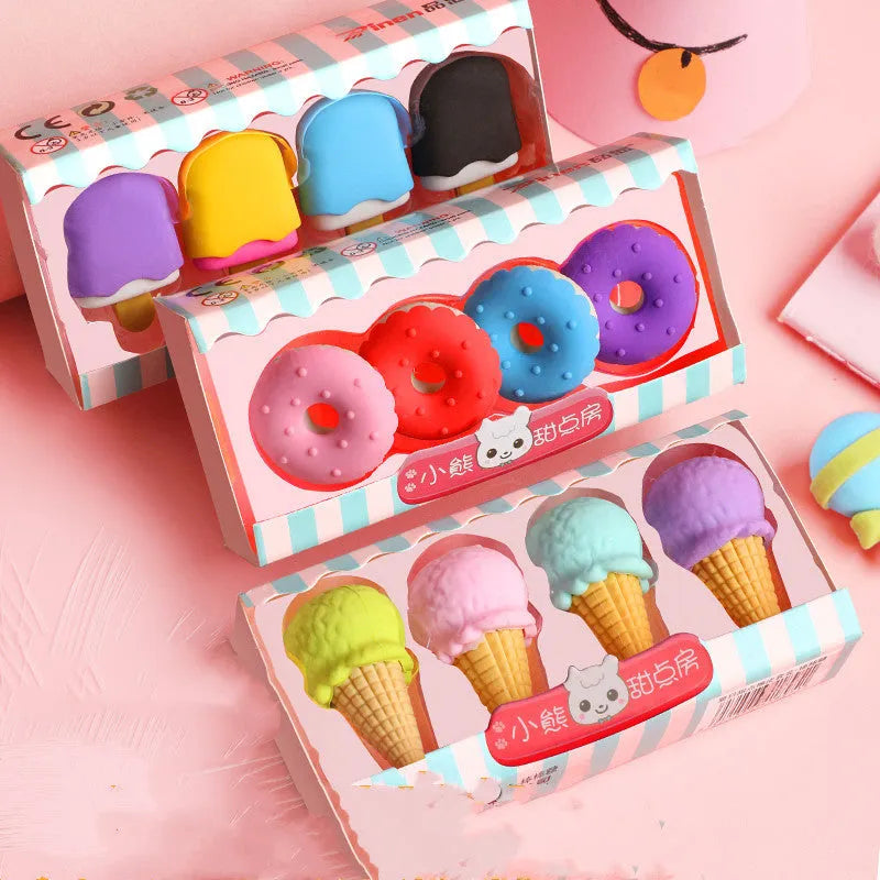 Pack of 12 cartoon erasers in ice cream, donut, and lollipop shapes for children.