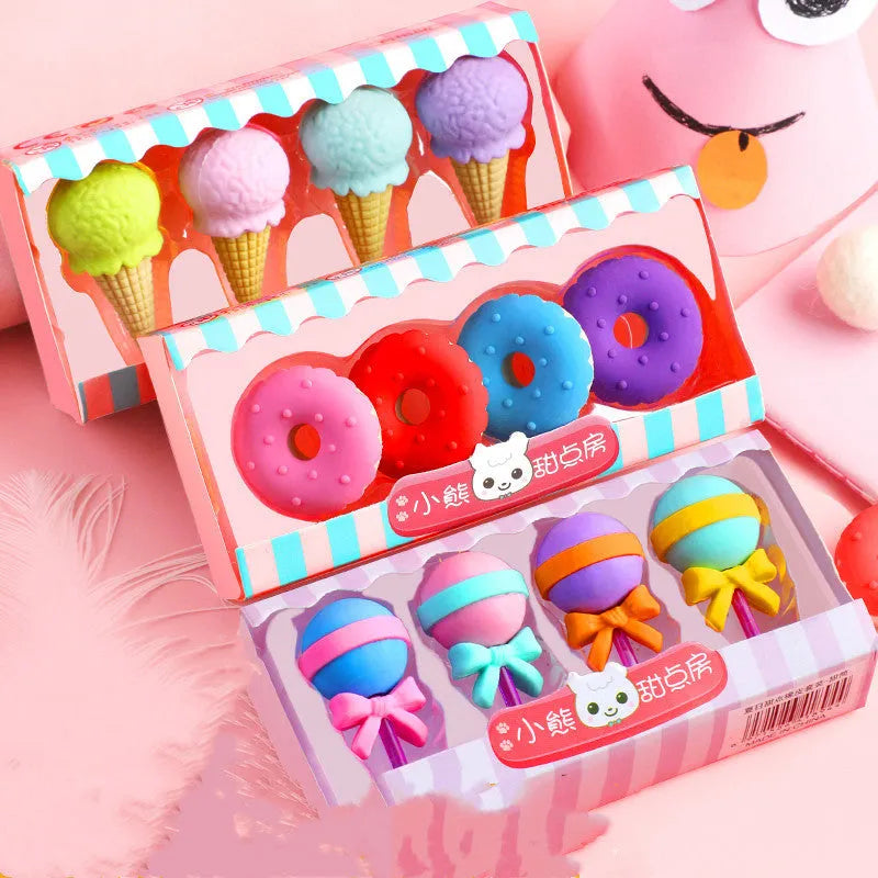 Pack of 12 cartoon erasers in ice cream, donut, and lollipop shapes for children.