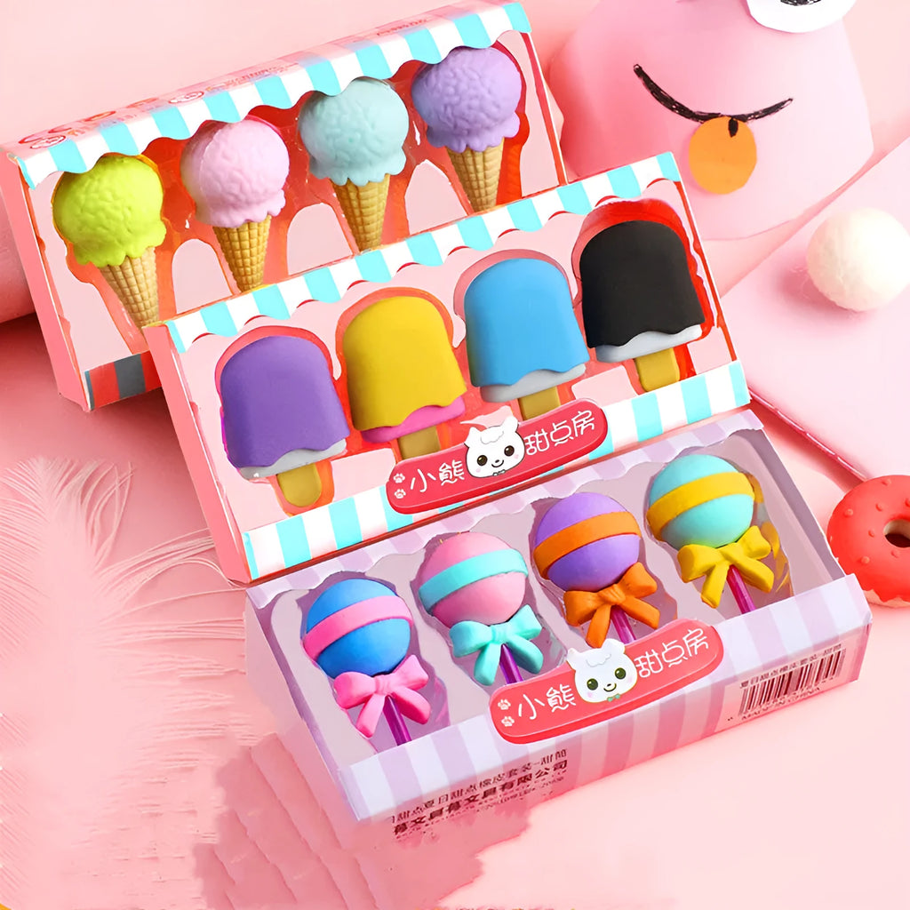 Pack of 12 cartoon erasers in ice cream, donut, and lollipop shapes for children.