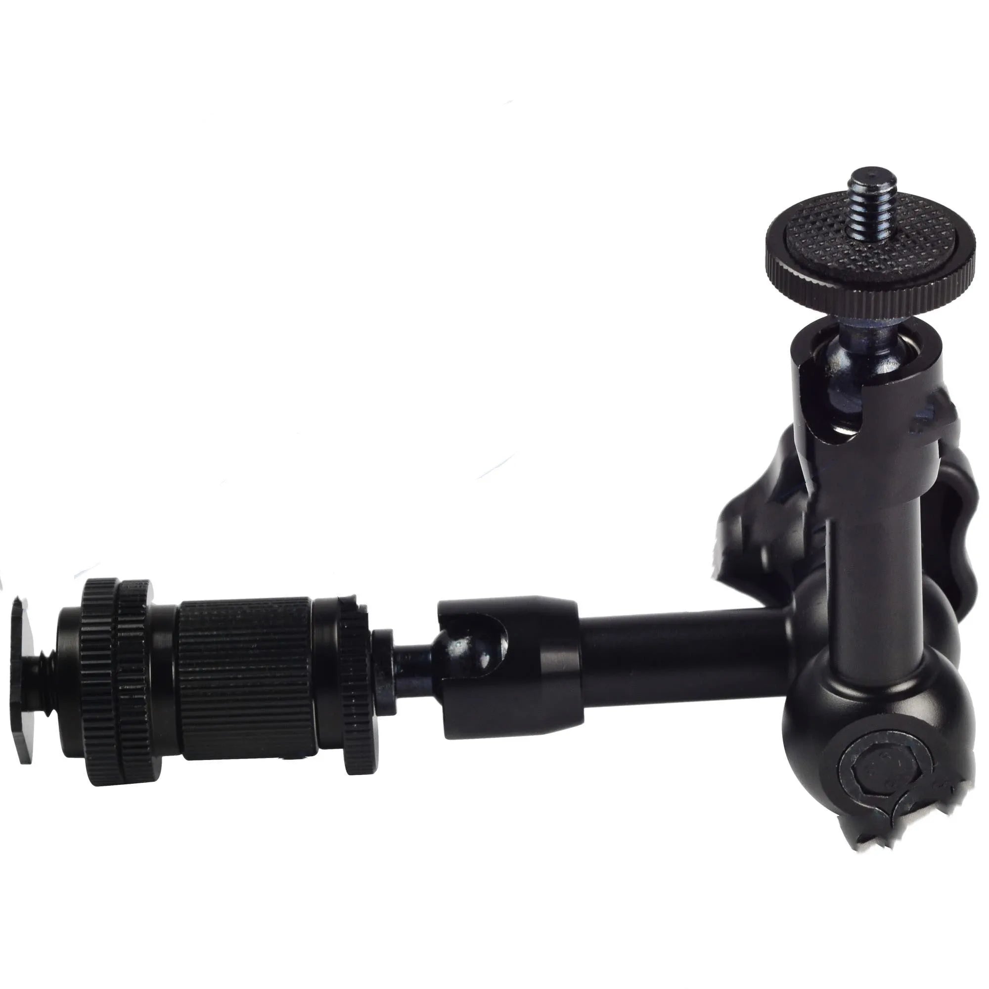 Black metal 7-inch magic friction articulating arm for DSLR cameras with hot shoe mount