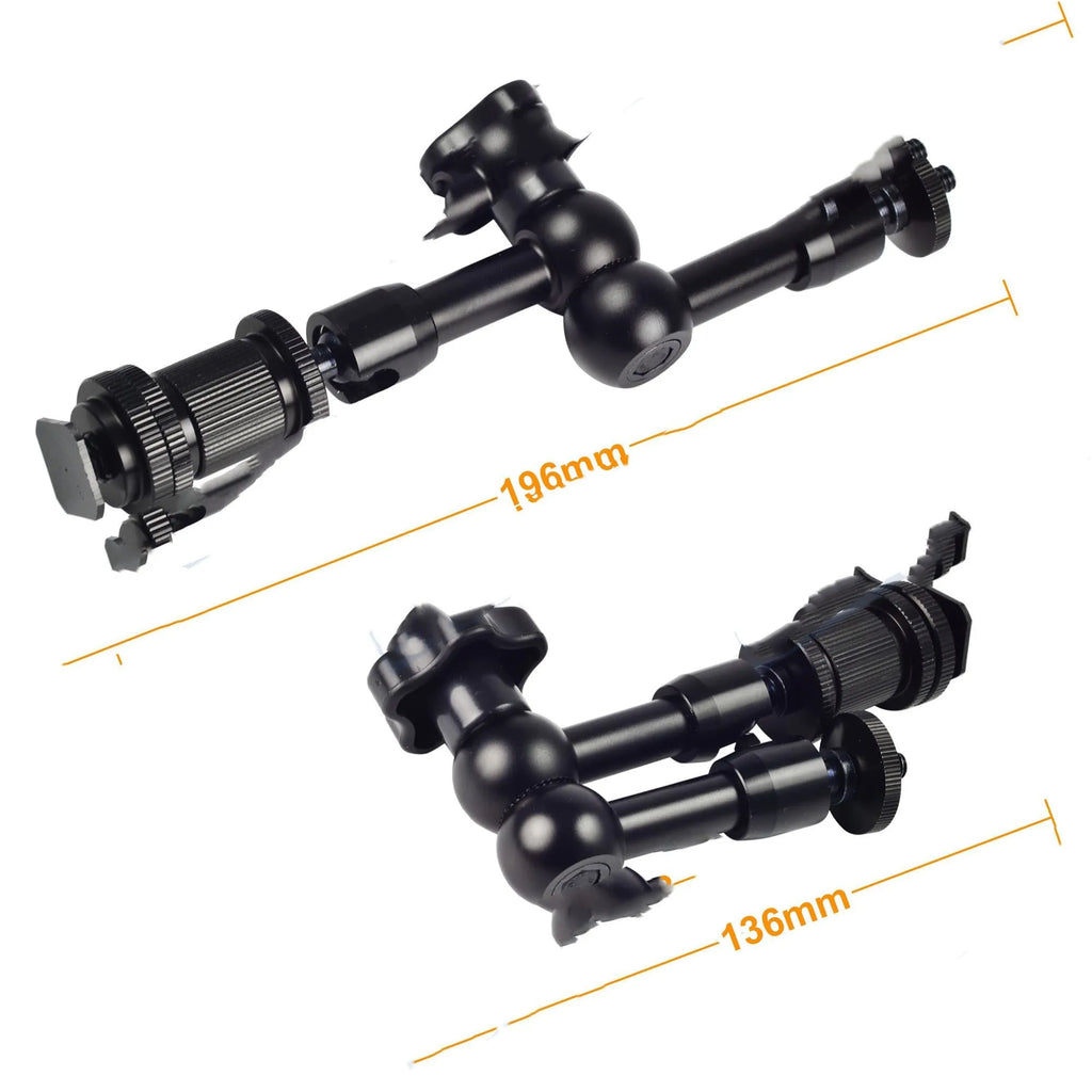Black metal 7-inch magic friction articulating arm for DSLR cameras with hot shoe mount